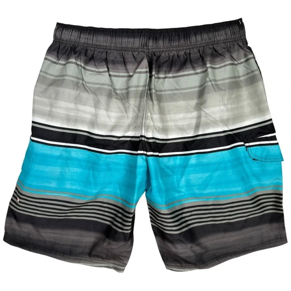 Kanu Surf Avalon Men's Swim Trunks Black Aqua Stripe XL NWT UPF 50+